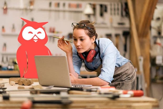 Woman working in front of her computer with Owly