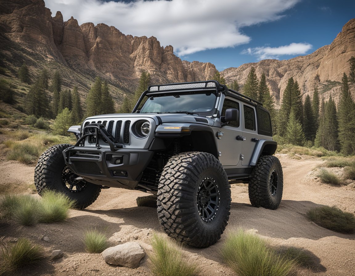 Two sets of off-road wheels displayed side by side, with rugged tire treads and distinct designs, against a backdrop of a rocky, outdoor terrain