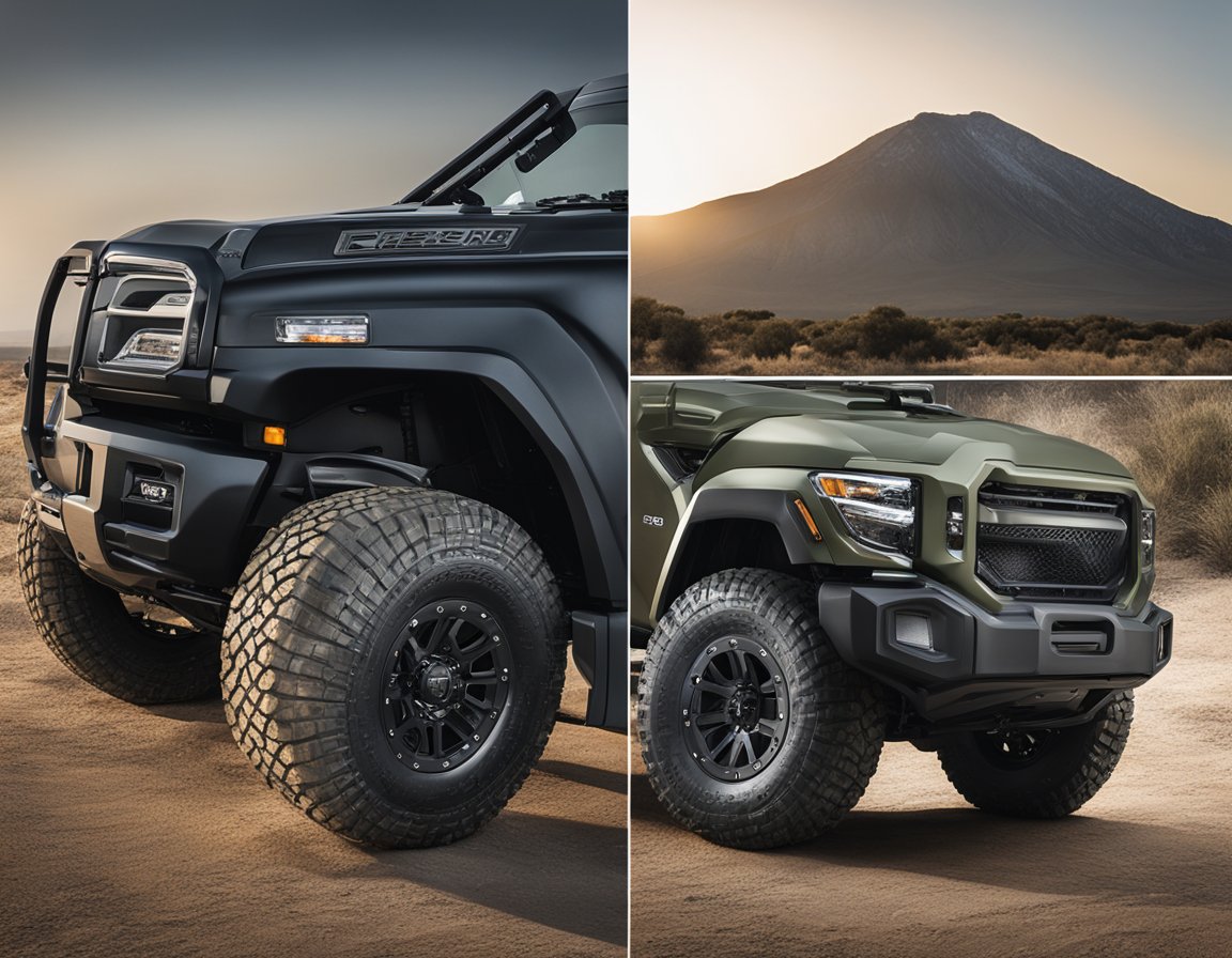 Two off-road wheels, Fuel and Black Rhino, displayed side by side with detailed close-ups of their key features and design elements