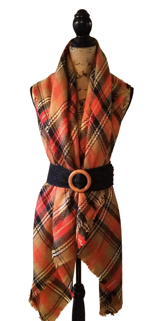 Belted Orange Black Tartan Plaid Blanket Scarf