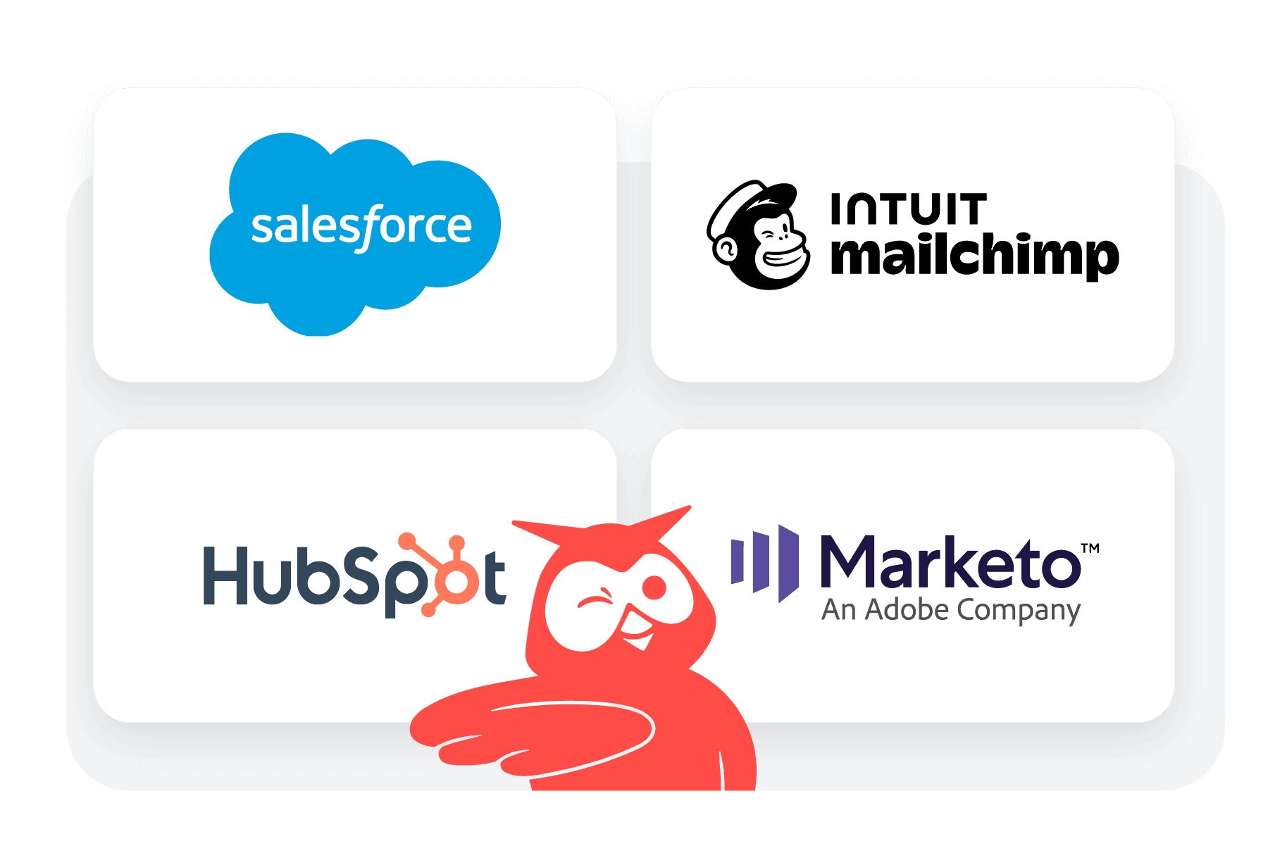 Hoot suite advertising integrations, including Salesforce, Mailchimp, Hubspot, and Marketo