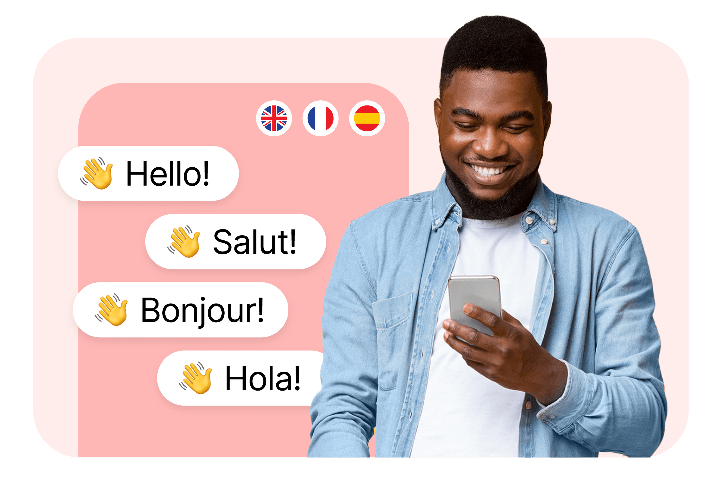 Man on smartphone with text bubbles showing 'hello' in English, French, and Spanish