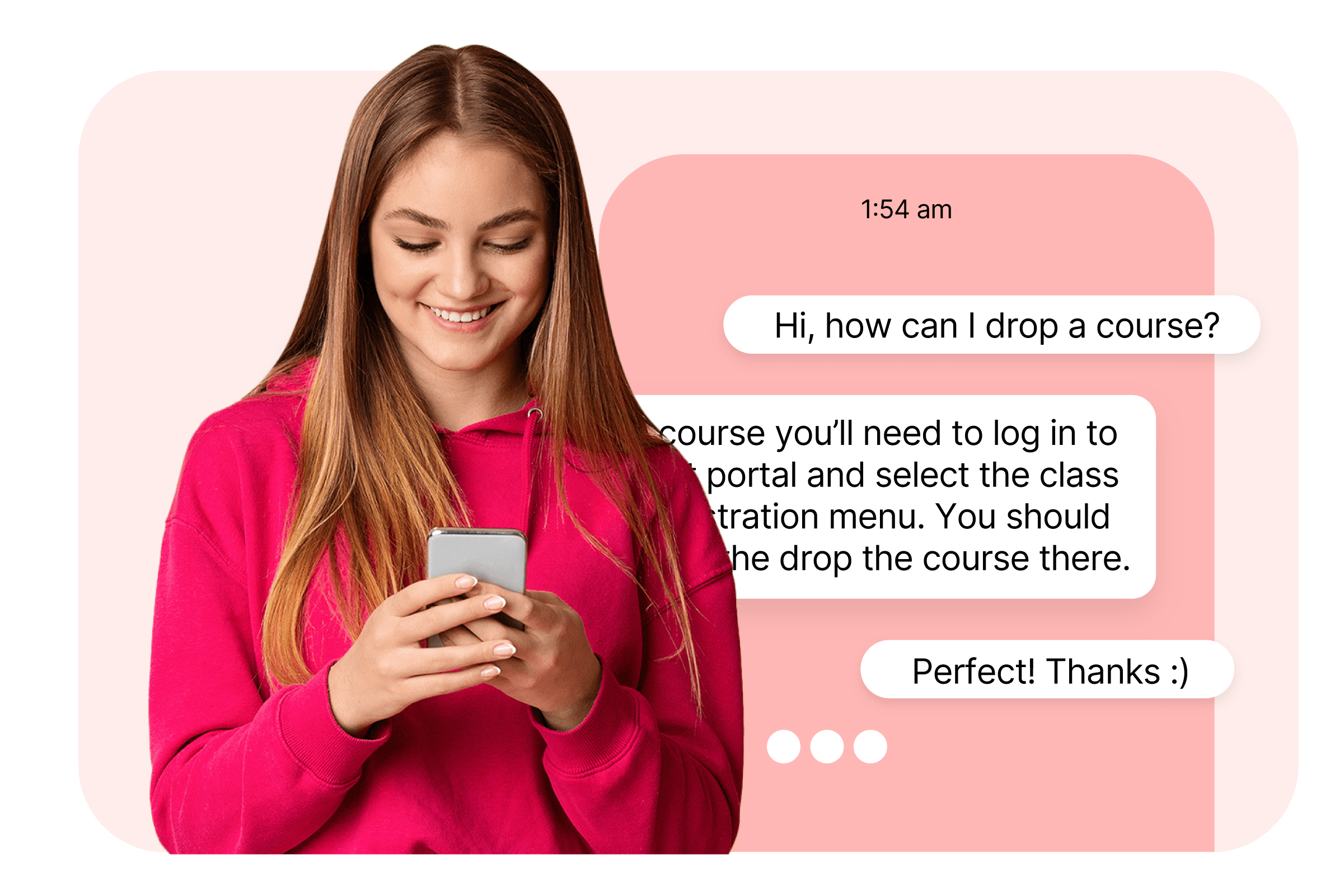 Woman on smartphone using chatbot to help her drop a college course