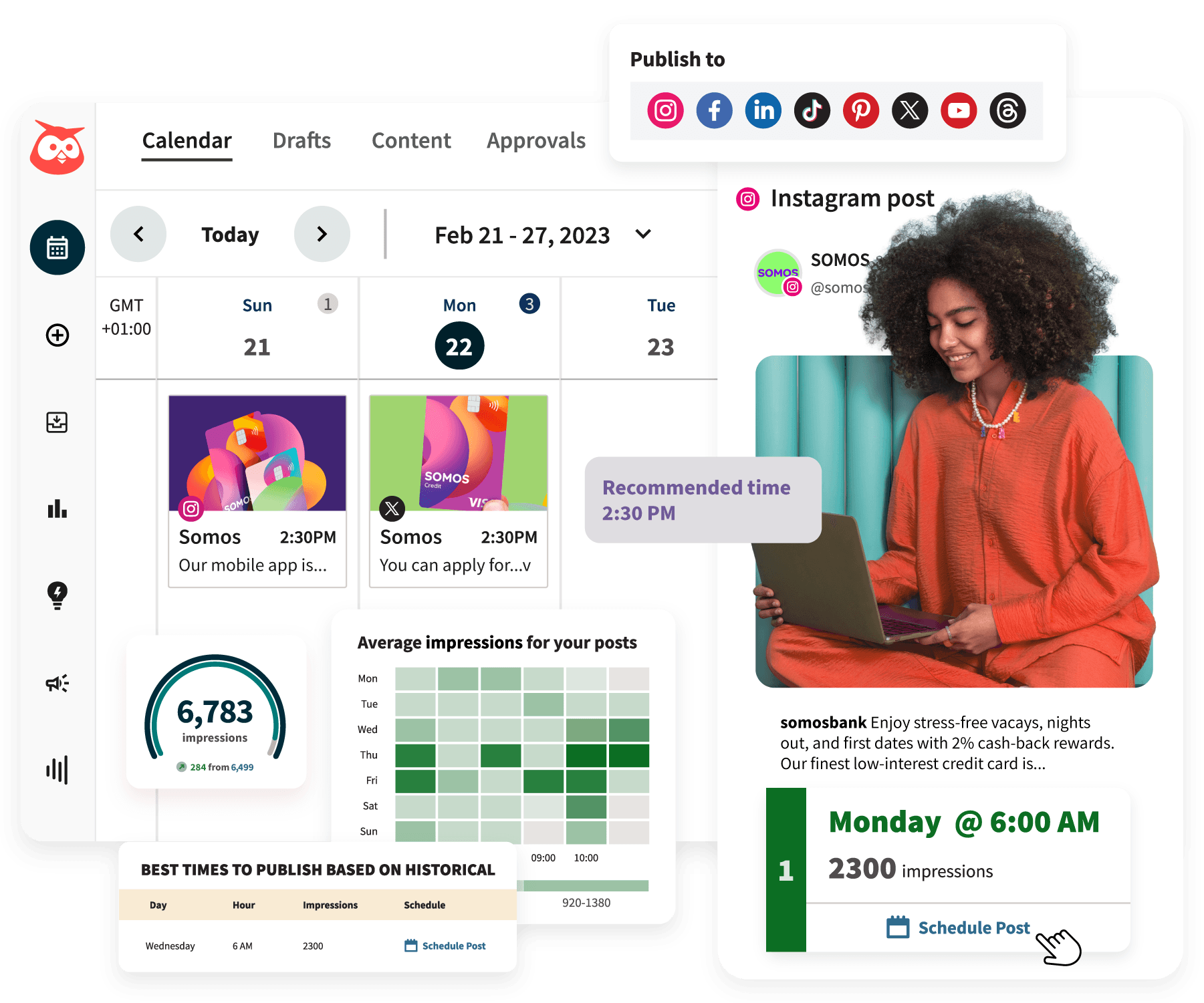 Woman on laptop with Hoot suite composer and content calendar showing best time to post heat map and scheduled time recommendations