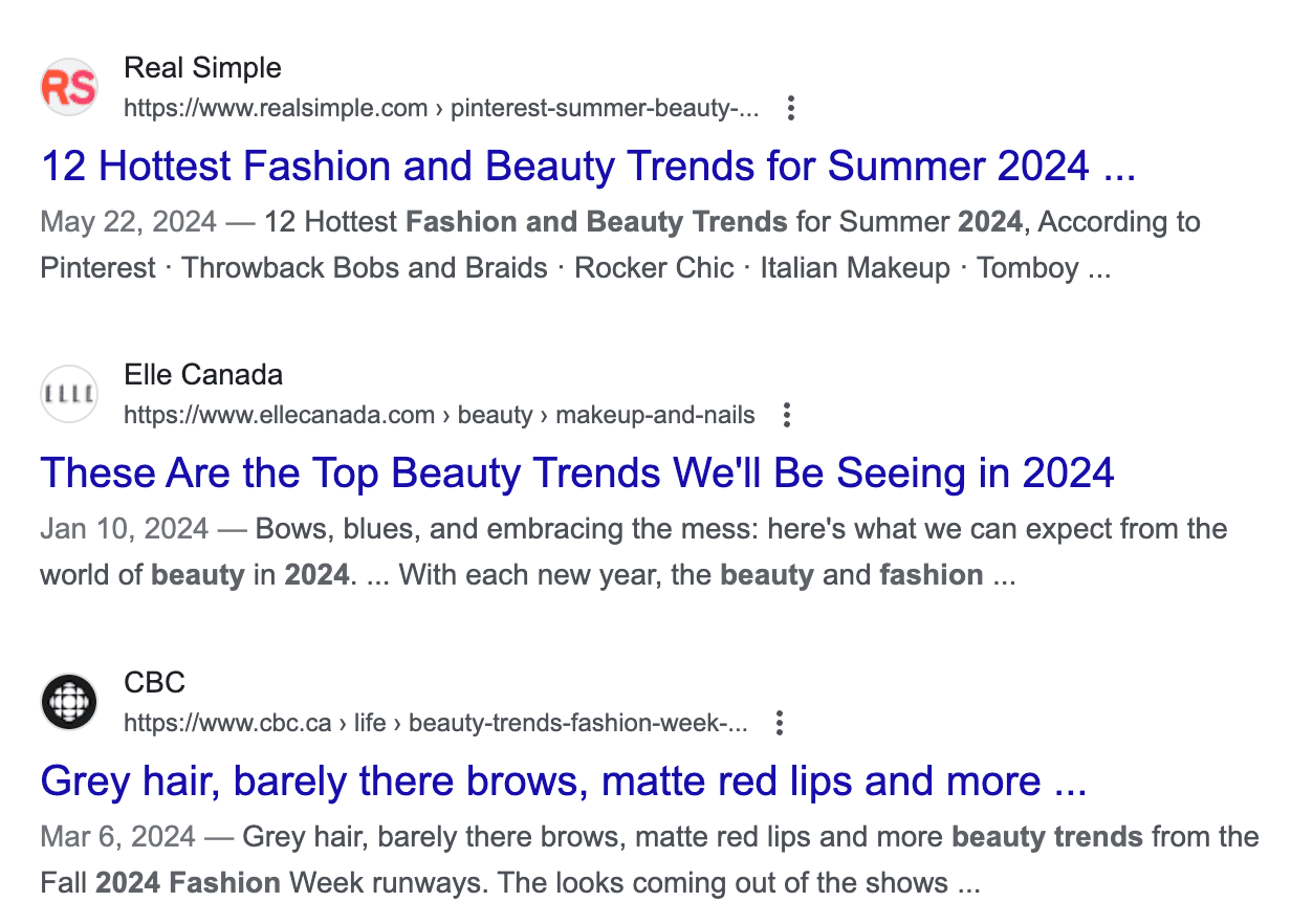 screenshot of google search results for "fashion trends"