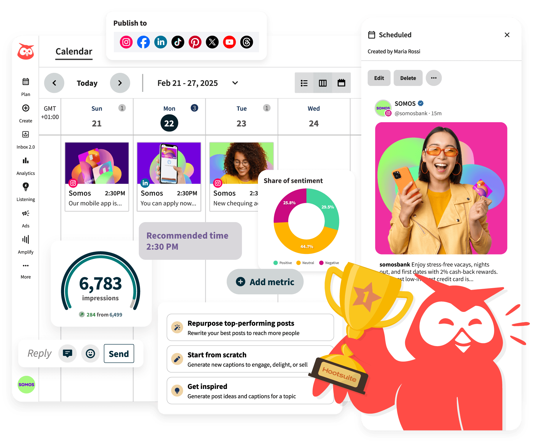 Hootsuite dashboard with OWly holding a trophy