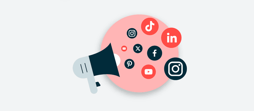 Megaphone icon with social media logos, including TikTok, LinkedIn, Instagram, X, Pinterest, and YouTube