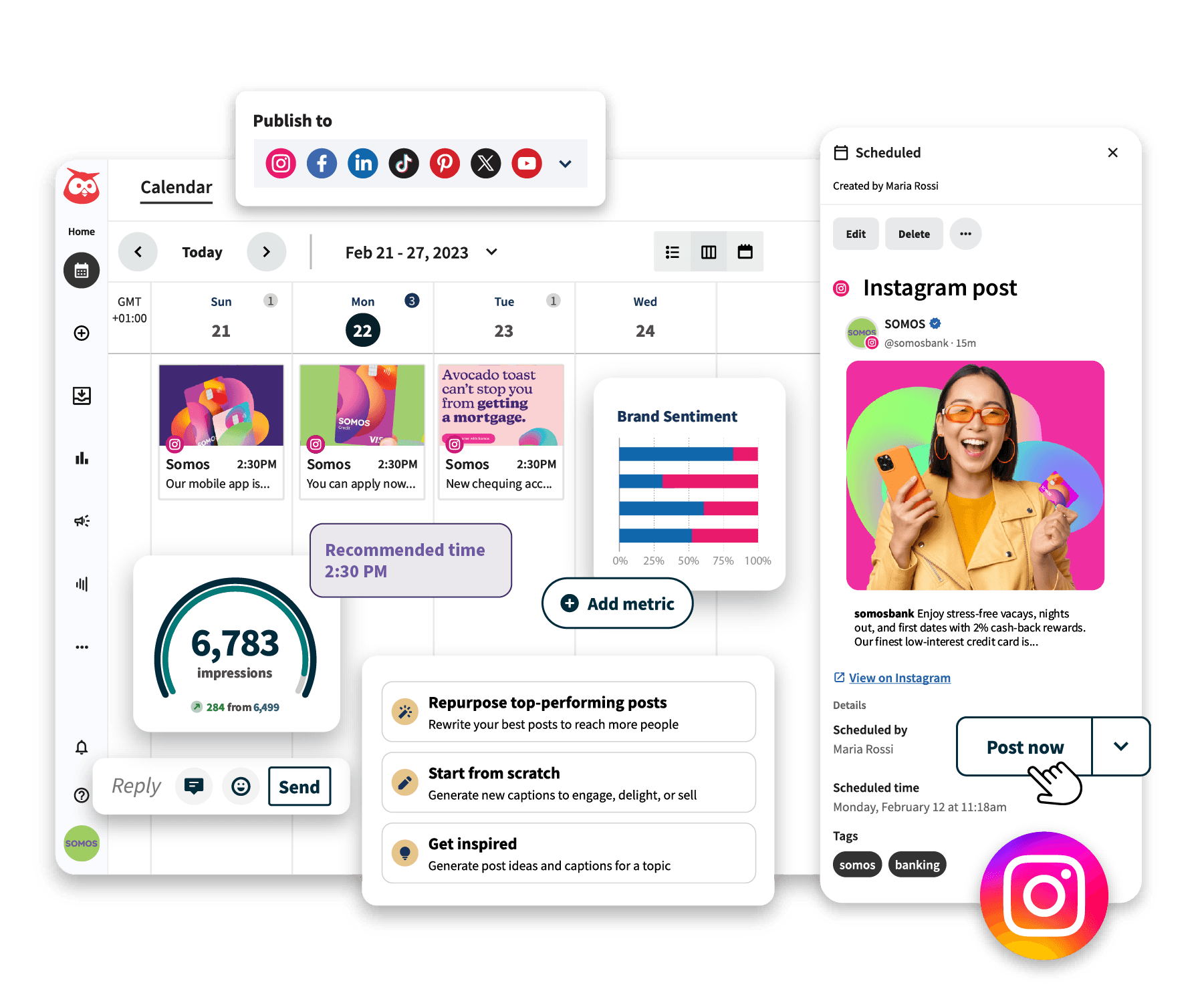 Hoot suite dashboard showing Instagram publishing, social listening, analytics, and more