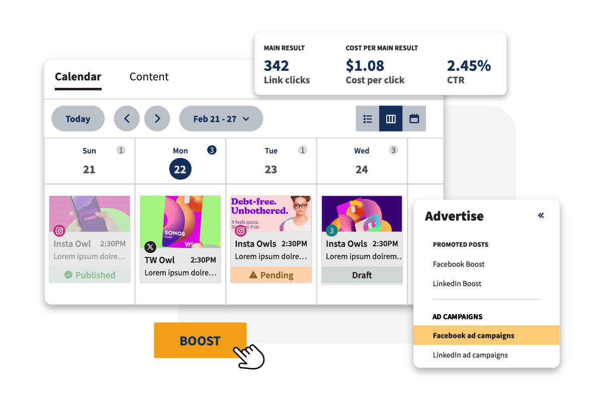 Hoot suite dashboard showing paid ads scheduling and tracking