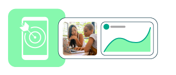 Two women on a laptop with graph and smartphone graphic