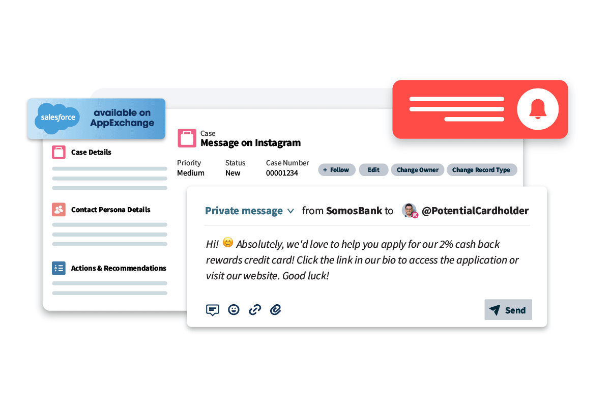 Example of the social media customer service tool, showing an open case file and messages between "SomosBank" and a customer.