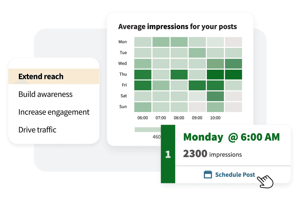 Hootsuite best time to post by goal — extend reach, build awareness, increase engagement, or drive traffic