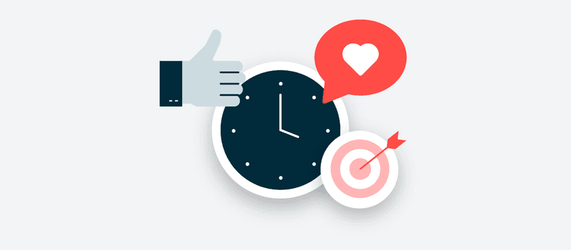 Icon showing clock, bullseye, thumbs up, and chat bubble