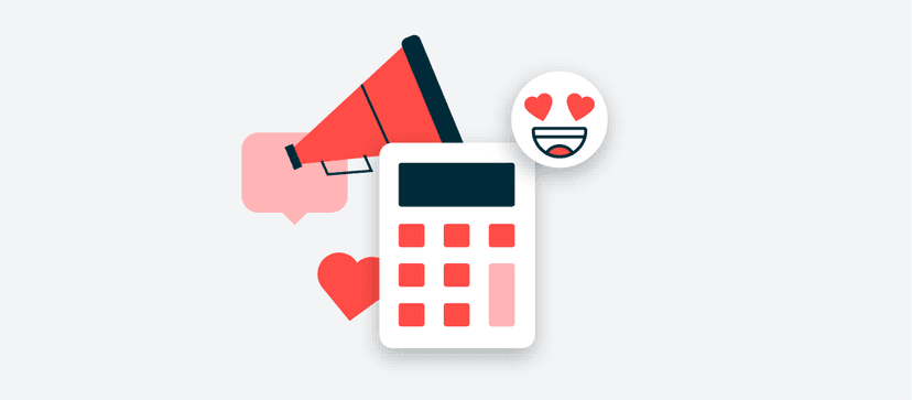 Icon with megaphone, calculator, hearts