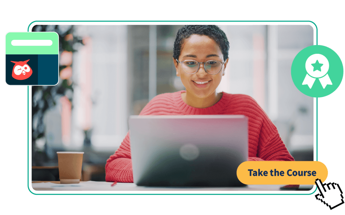 Woman working on laptop with Owly and badge icon