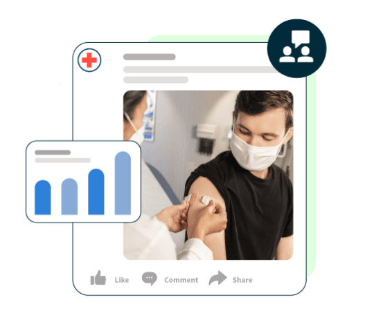 Doctor giving patient a shot with social media imagery and graph