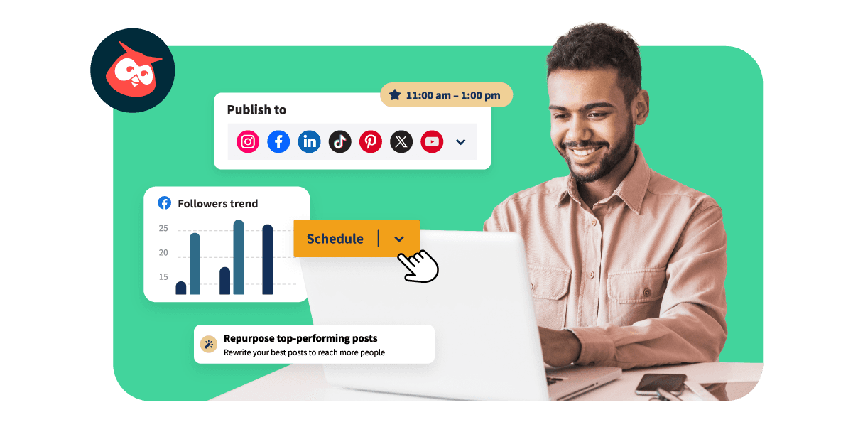 Man on laptop surrounded by Hoot suite features including scheduling, analytics, and content AI