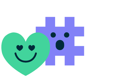 cartoon green heart with heart eyes, and purple hashtag with surprised expression