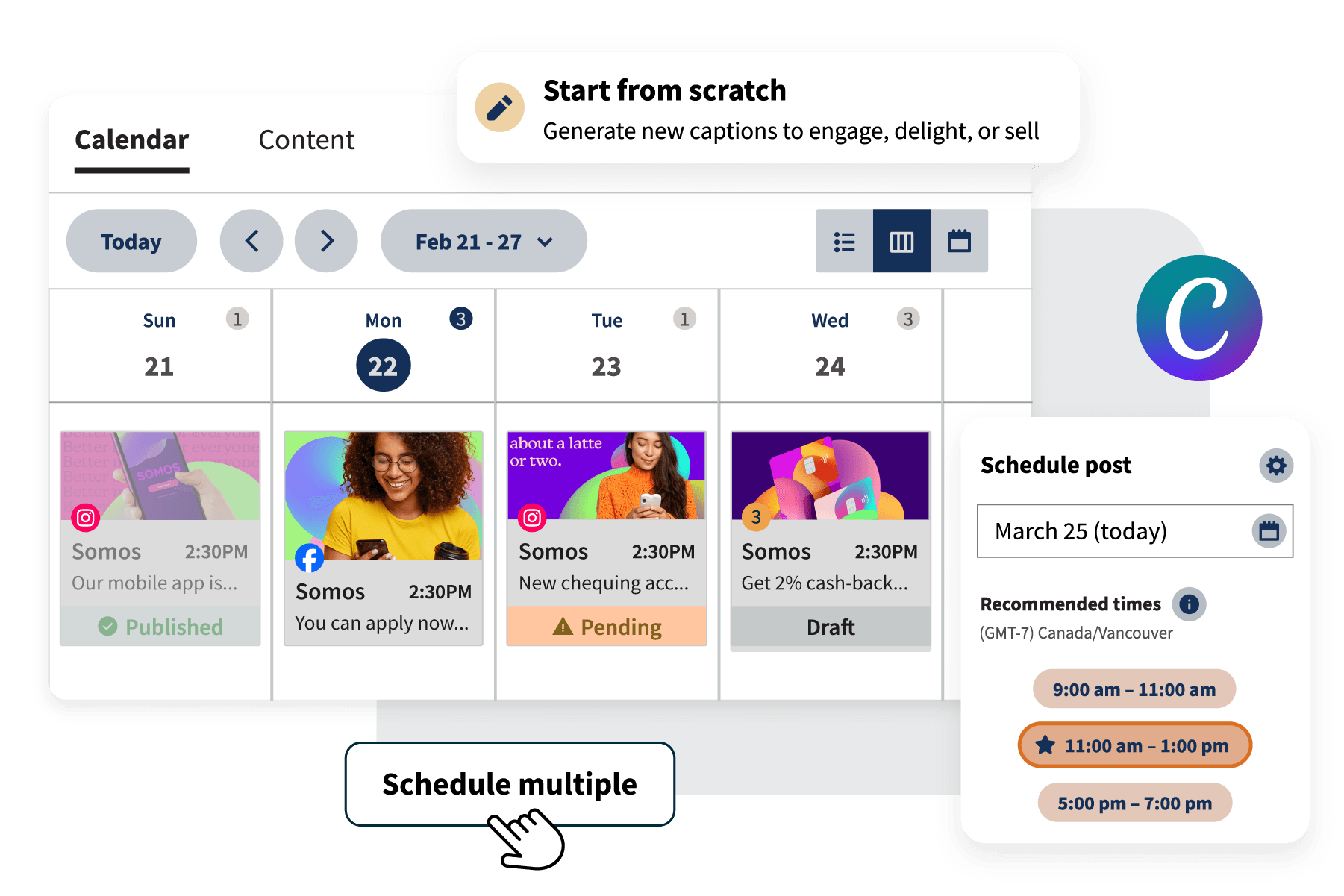 Hoot suite publishing dashboard with schedule multiple, Canva logo, and more