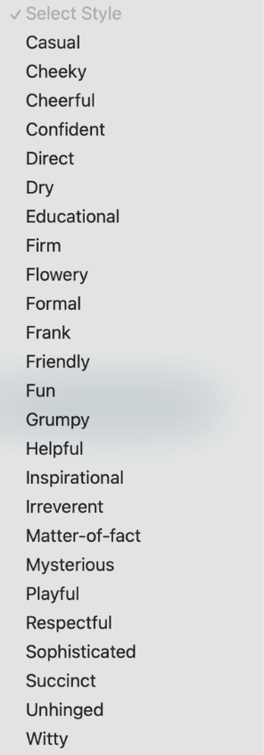 A dropdown menu of all the available tones and styles for brand voice selection