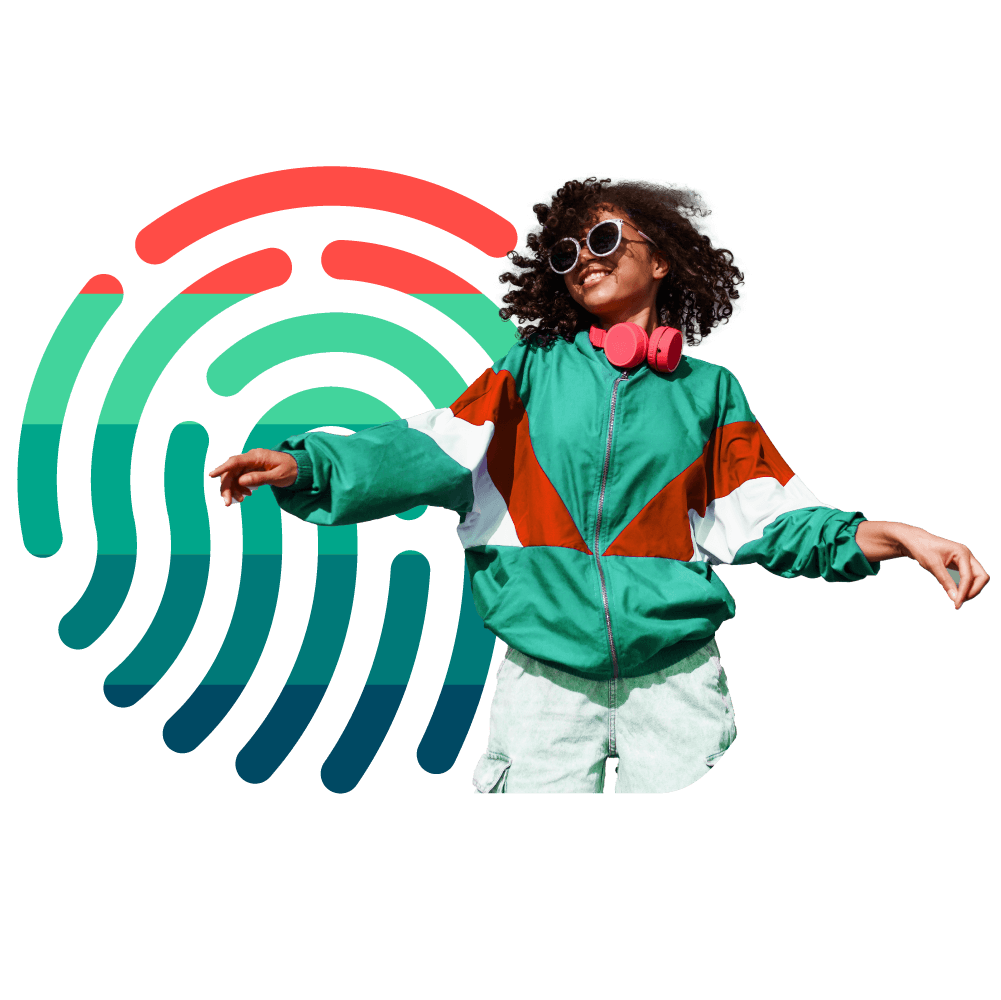 Person dancing with fingerprint icon in background