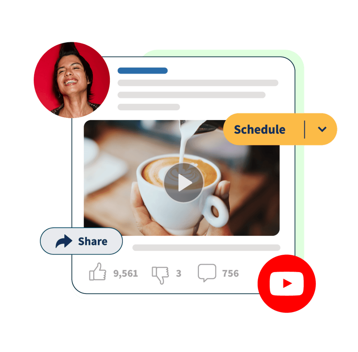 Youtube post of coffee pouring with "schedule" and "share pop-ups