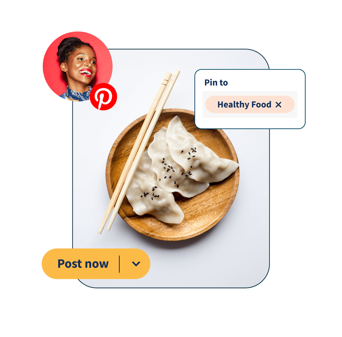 Picture of dumplings on a plate with 2 popups saying "pin to healthy food" and "post now"